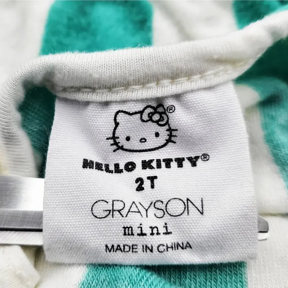 Grayson Mini Hello Kitty Sporty Green & White Striped Romper Toddlers Girls 2T